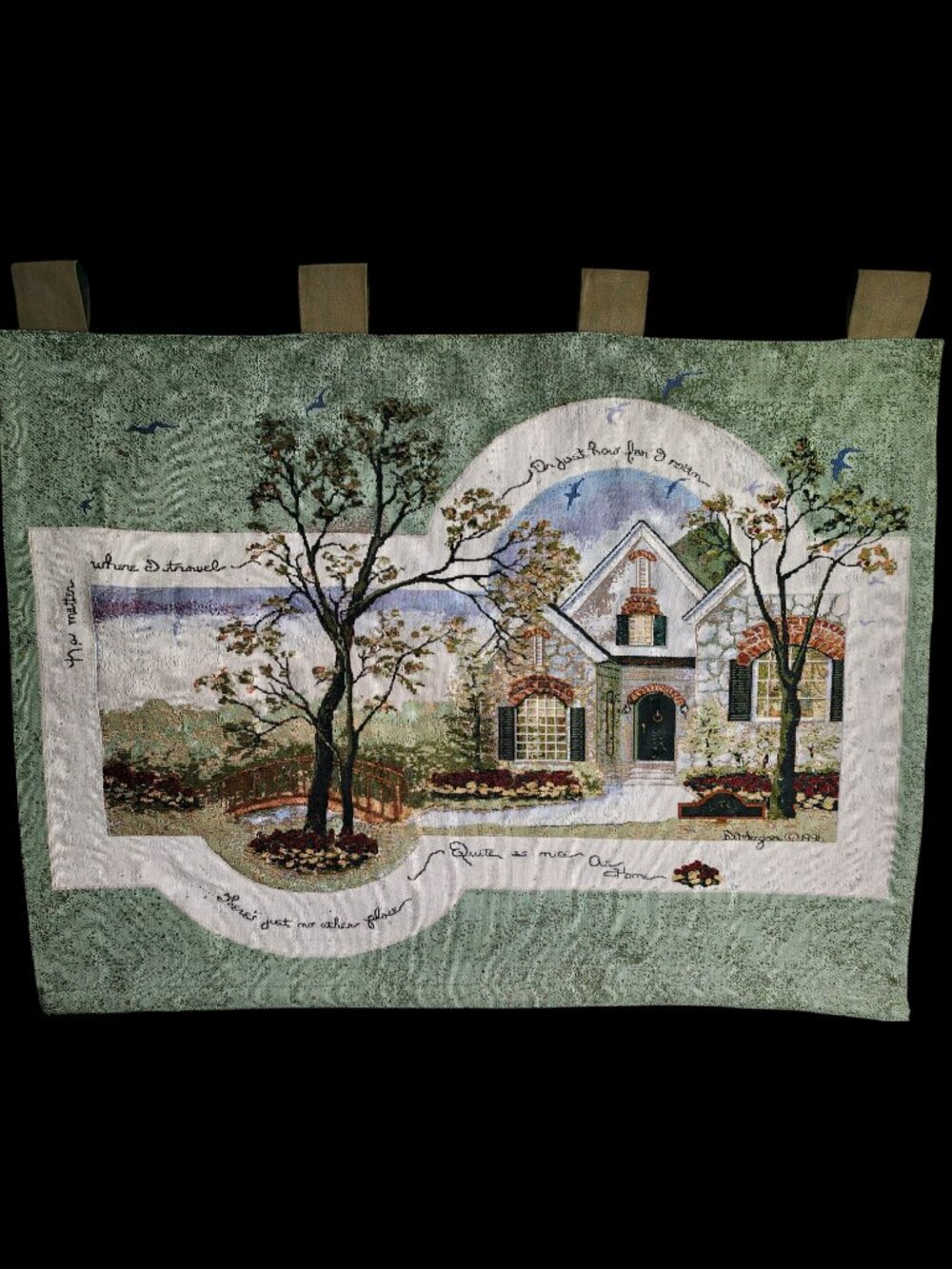 VTG Tapestry Wall Hanging Cottage Scene 1996 D. Morgan 28"X34" USA